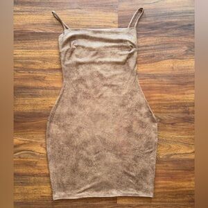 Sleek Brown Faux Leather Suede Spaghetti-Strap Bodycon Dress